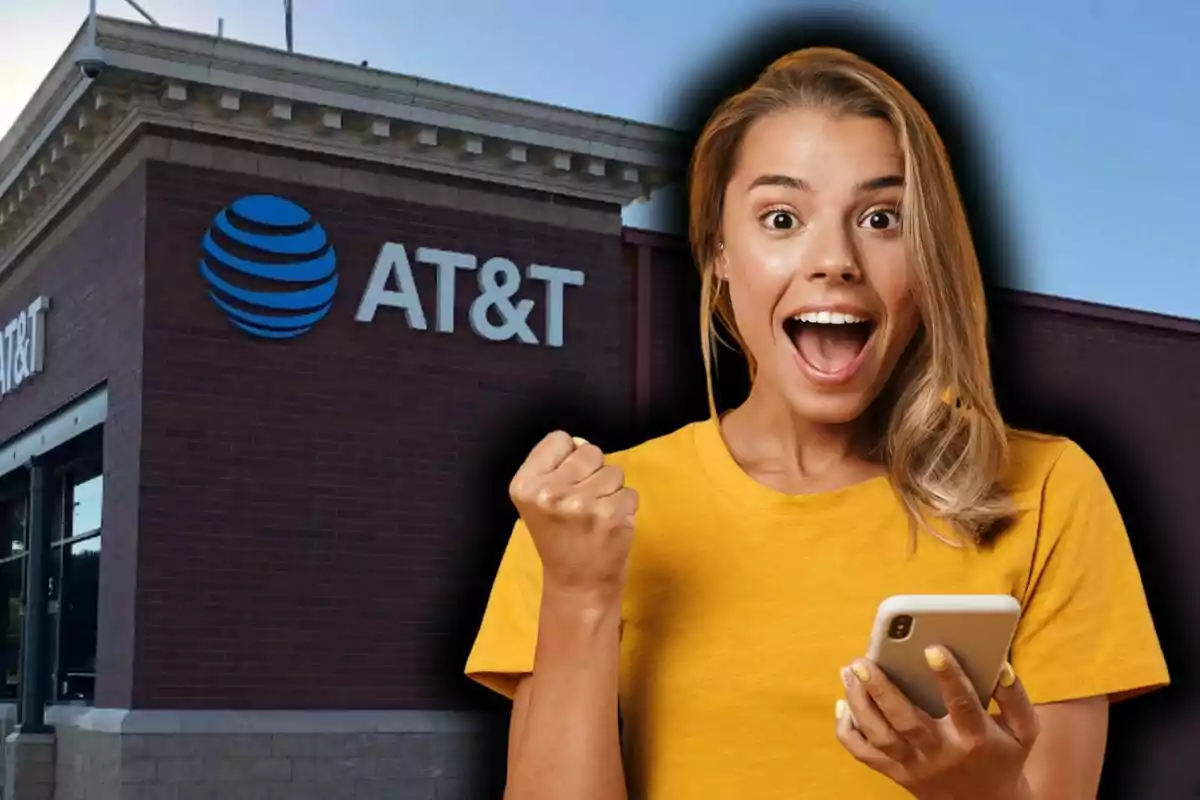Una persona emocionada con un teléfono en la mano frente a una tienda de AT&T.