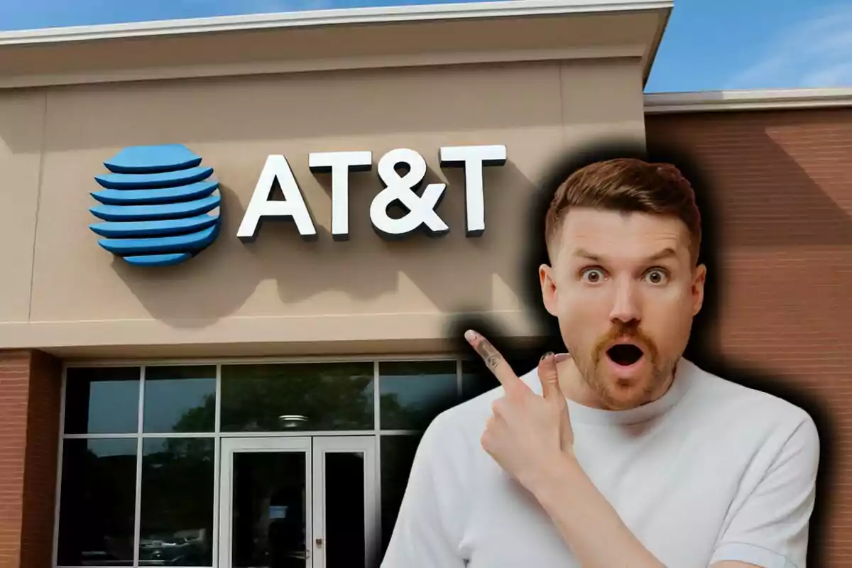 Un hombre sorprendido señala el letrero de una tienda de AT&T.