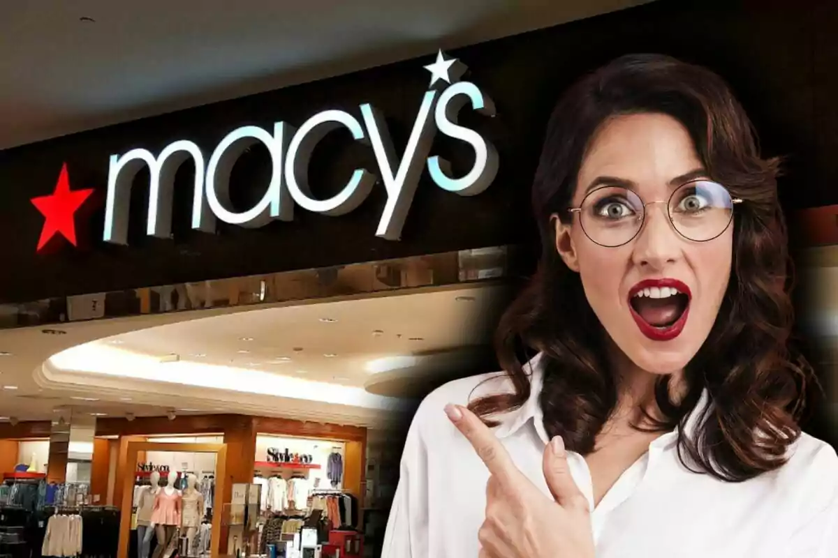 A woman with a surprised expression and glasses points toward the entrance of a Macy's store.