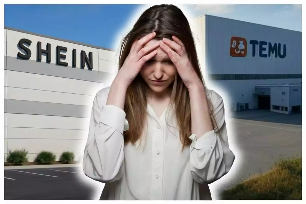 Una mujer con gesto preocupado se encuentra frente a los edificios de Shein y Temu. Una mujer con gesto preocupado se encuentra frente a los edificios de Shein y Temu.