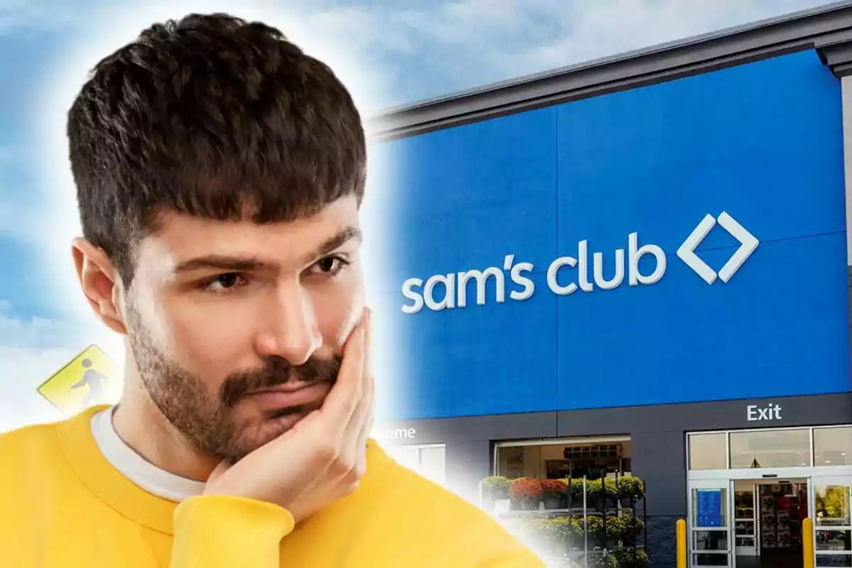 A thoughtful man with his hand on his face in front of a Sam's Club building.
