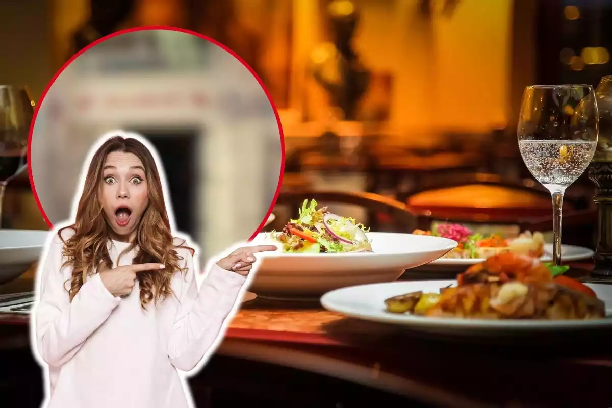 Montage of close-up photos of a restaurant dish and, next to it, an image of a woman with a surprised face