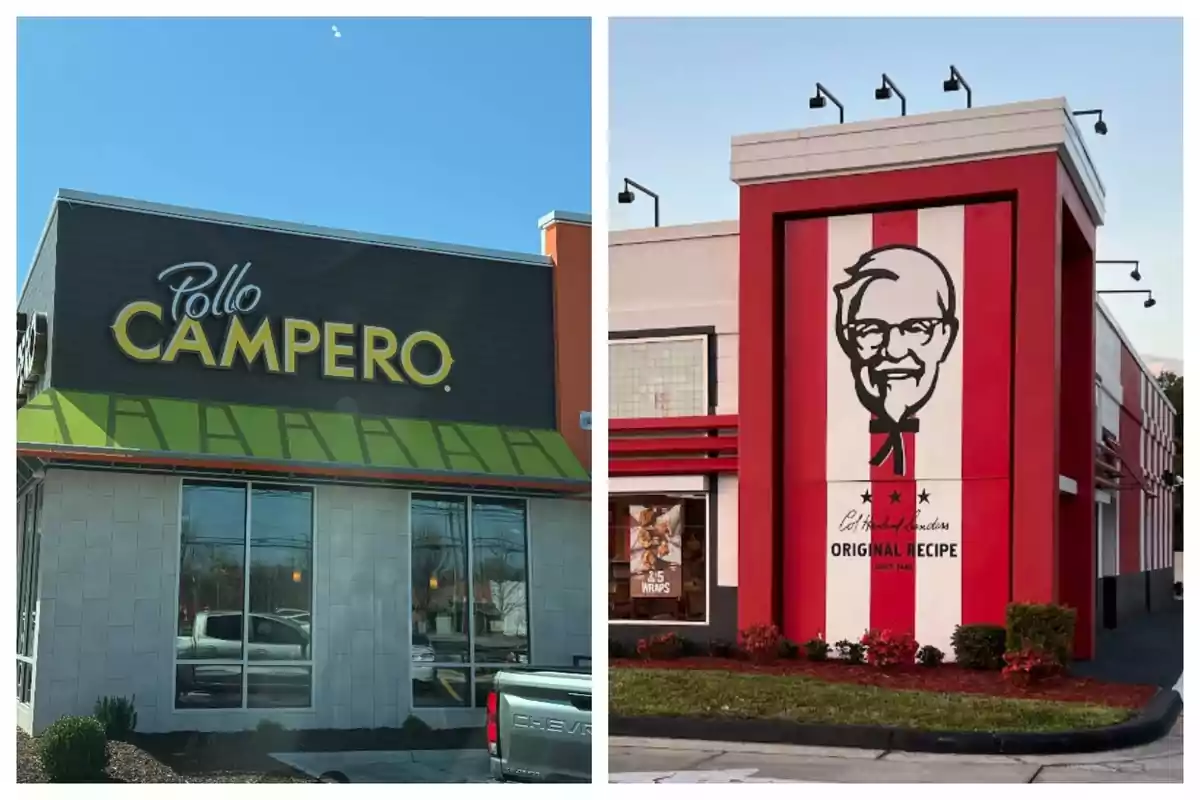 Two fast food restaurants, one Pollo Campero and the other KFC, with their facades visible under a clear sky. Two fast food restaurants, one Pollo Campero and the other KFC, with their facades visible under a clear sky.