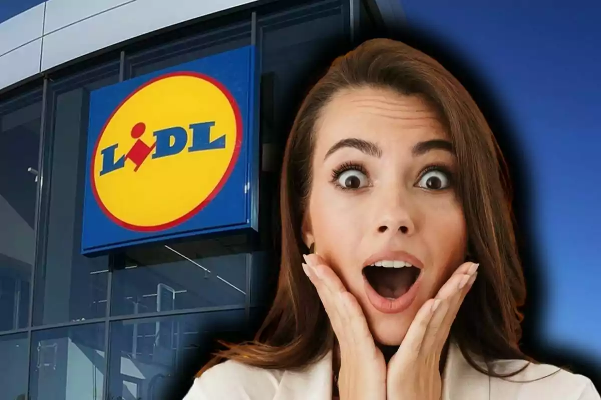 Una dona amb expressió de sorpresa davant d'un edifici amb el logotip de Lidl.