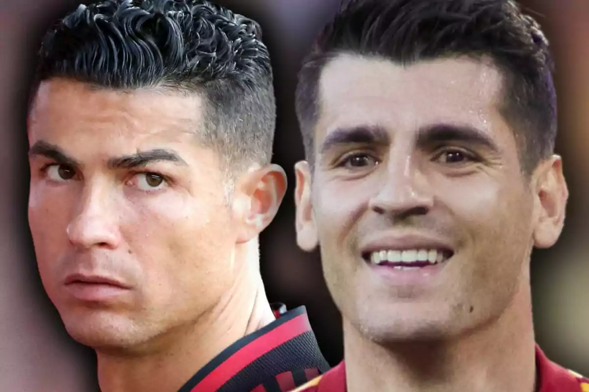 Muntatge de fotos en primer pla de Cristiano Ronaldo seriós i Álvaro Morata mig somrient.