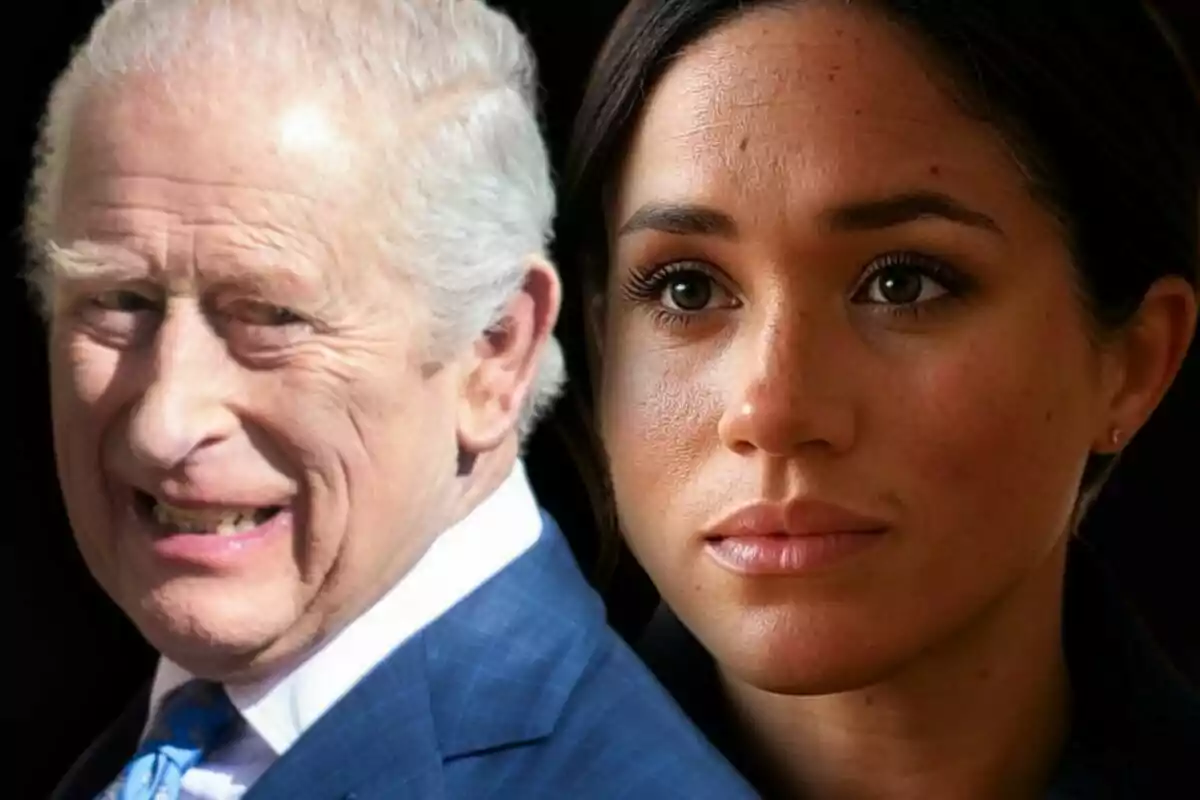 Muntatge de fotos en primer pla de Carles III i Meghan Markle, tots dos amb el rostre seriós.