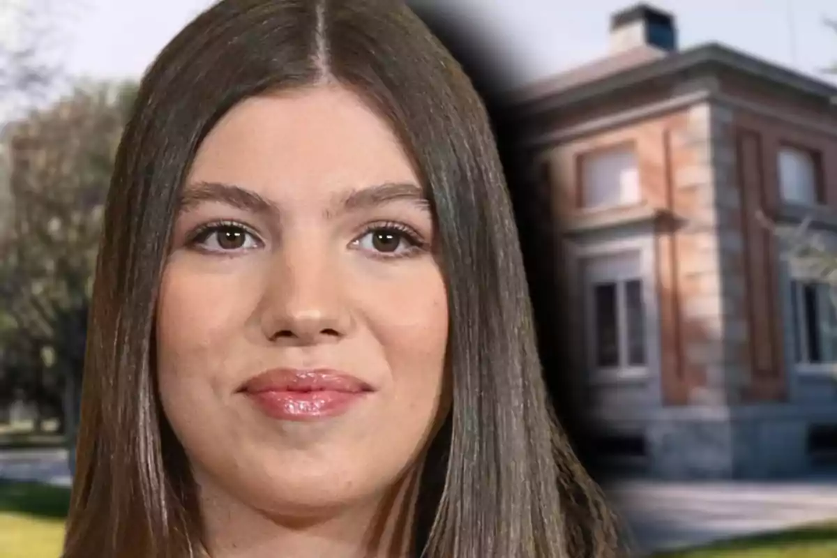 Close-up photo montage of Infanta Sofía with a neutral expression, and in the background, a wide shot of the Zarzuela Palace.