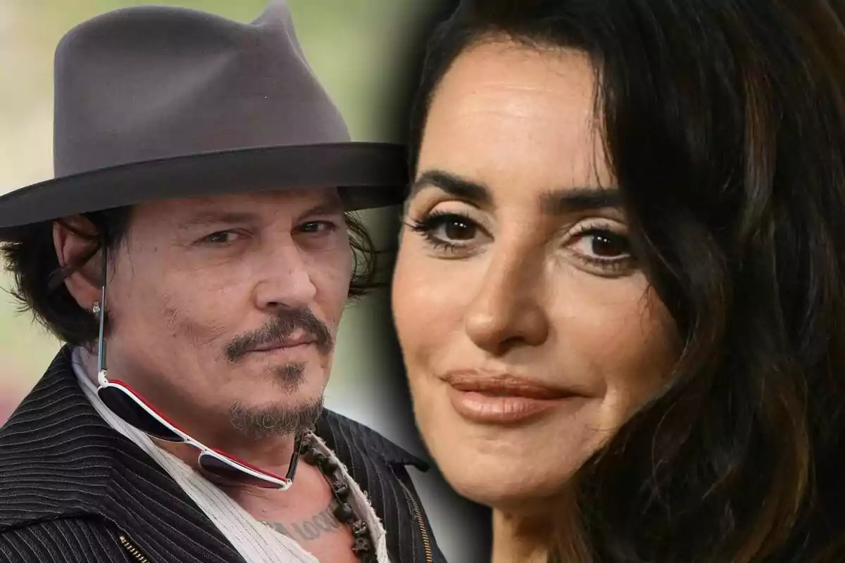 Montaje de fotos de primer plano de Johnny Depp y Penélope Cruz, ambos con rostro medio sonriente.