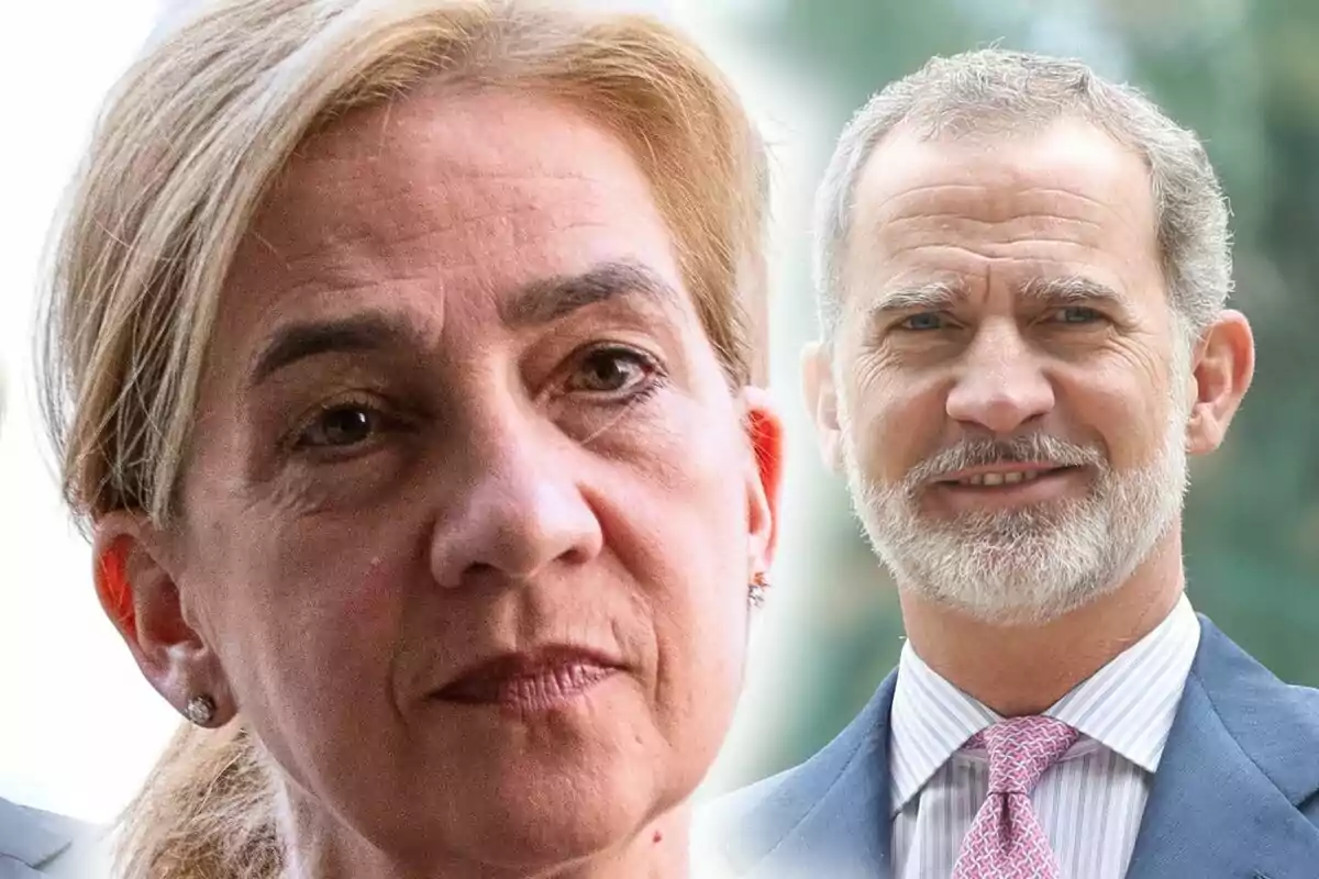 Primer pla de la infanta Cristina amb rostre seriós i el rei Felip de Borbó amb rostre somrient.