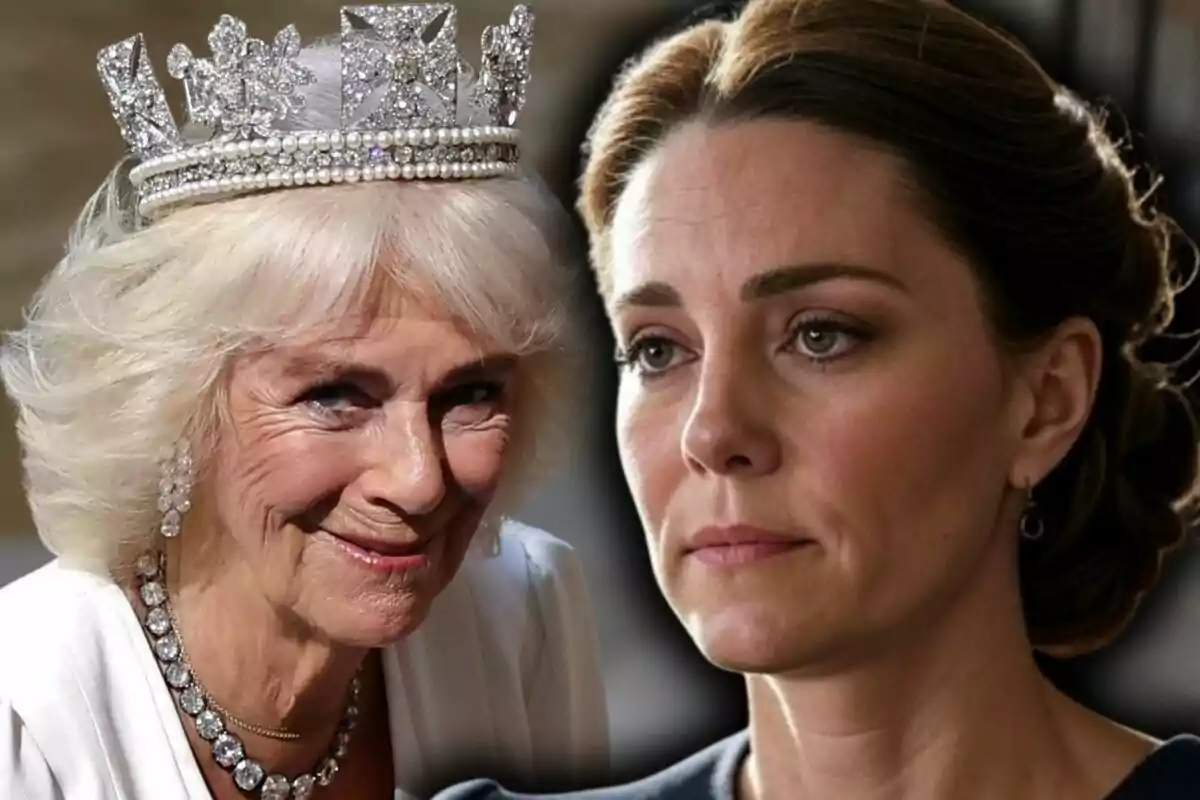 Muntatge de fotos en primer pla de la reina Camila somrient i la Kate Middleton seriosa.