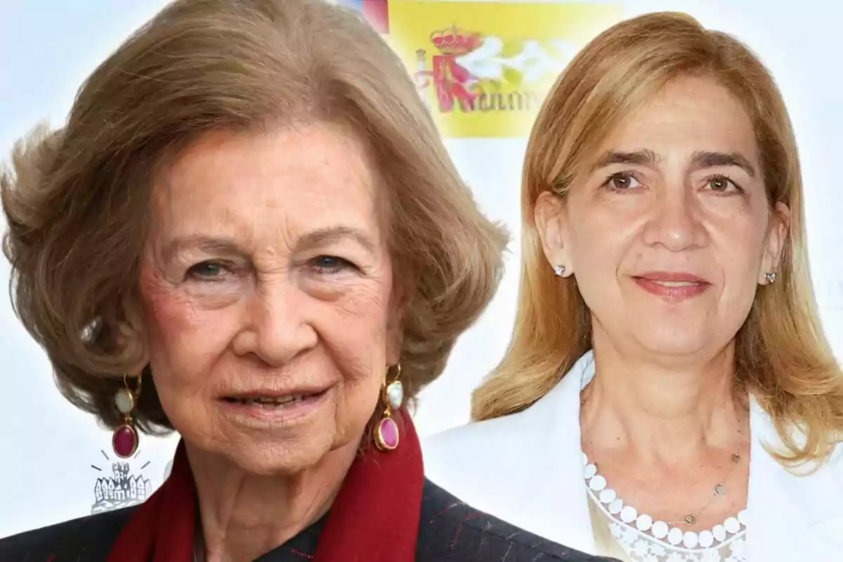 Muntatge de fotos en primer pla de la reina Sofia i la infanta Cristina, ambdues amb el rostre mig somrient.