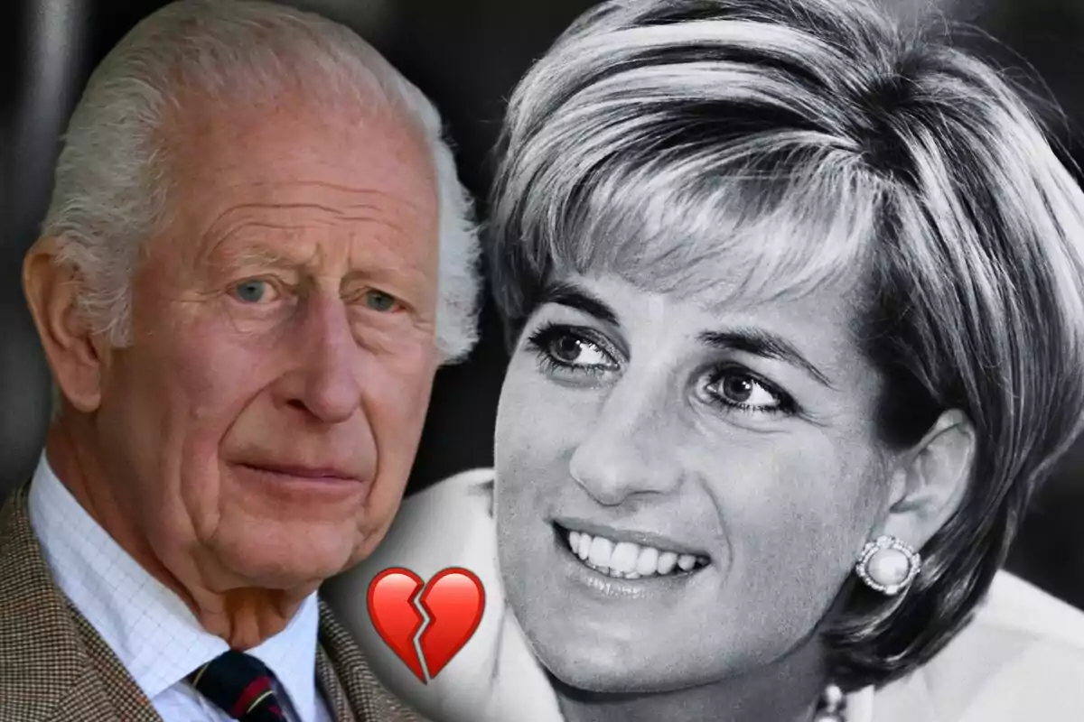 Muntatge de fotos en primer pla de la Lady Di somrient i Carles III amb rostre seriós, tots dos amb un emoji de cor vermell al centre.