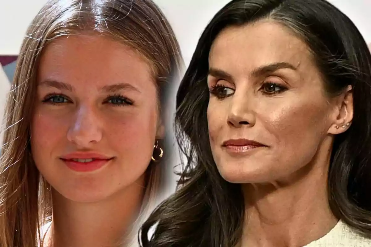 Close-up photo montage of Leonor de Borbón with a half-smiling face and Letizia Ortiz with a serious expression.
