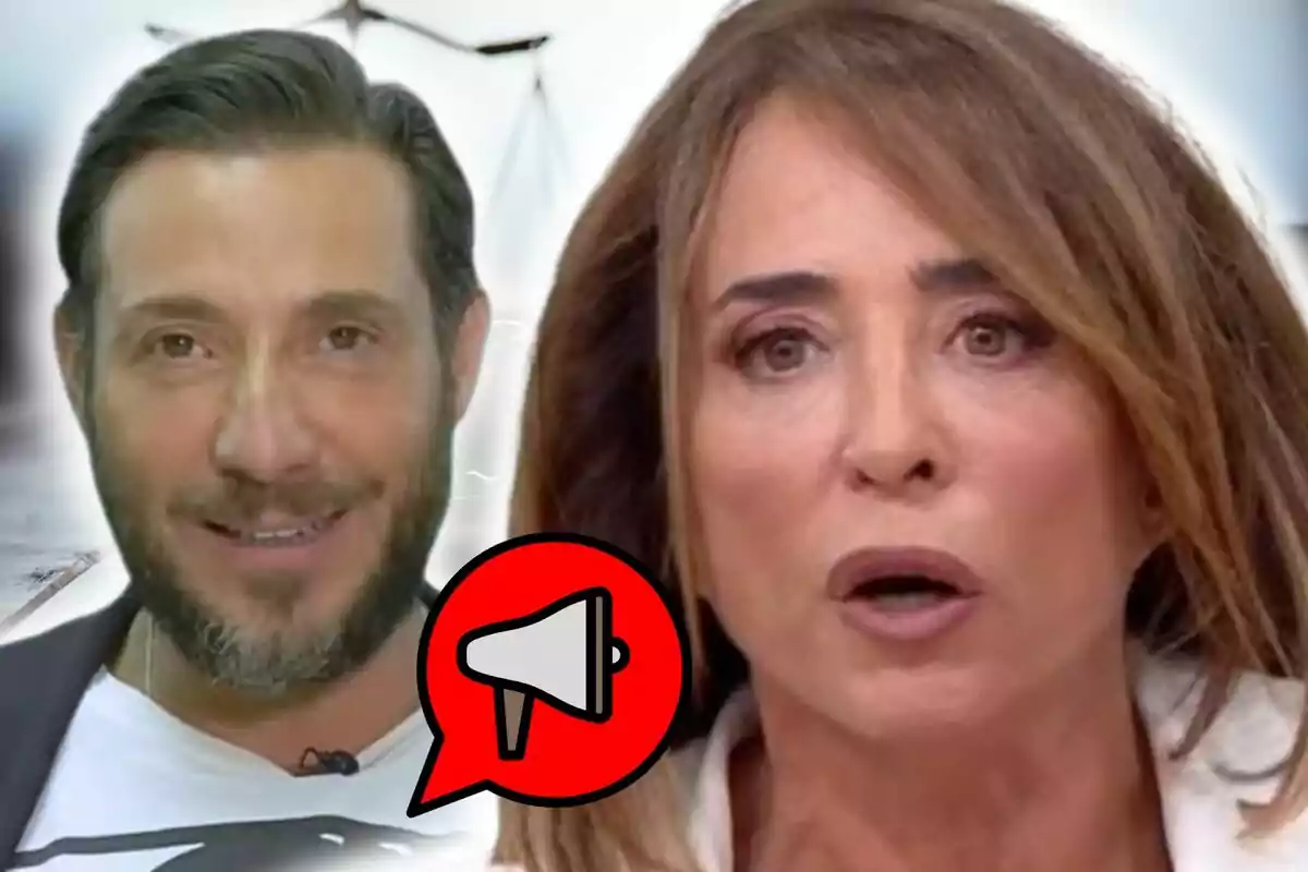 Close-up photo collage of María Patiño with a neutral expression and Antonio David Flores with a smiling face, and a red megaphone emoji in the center.