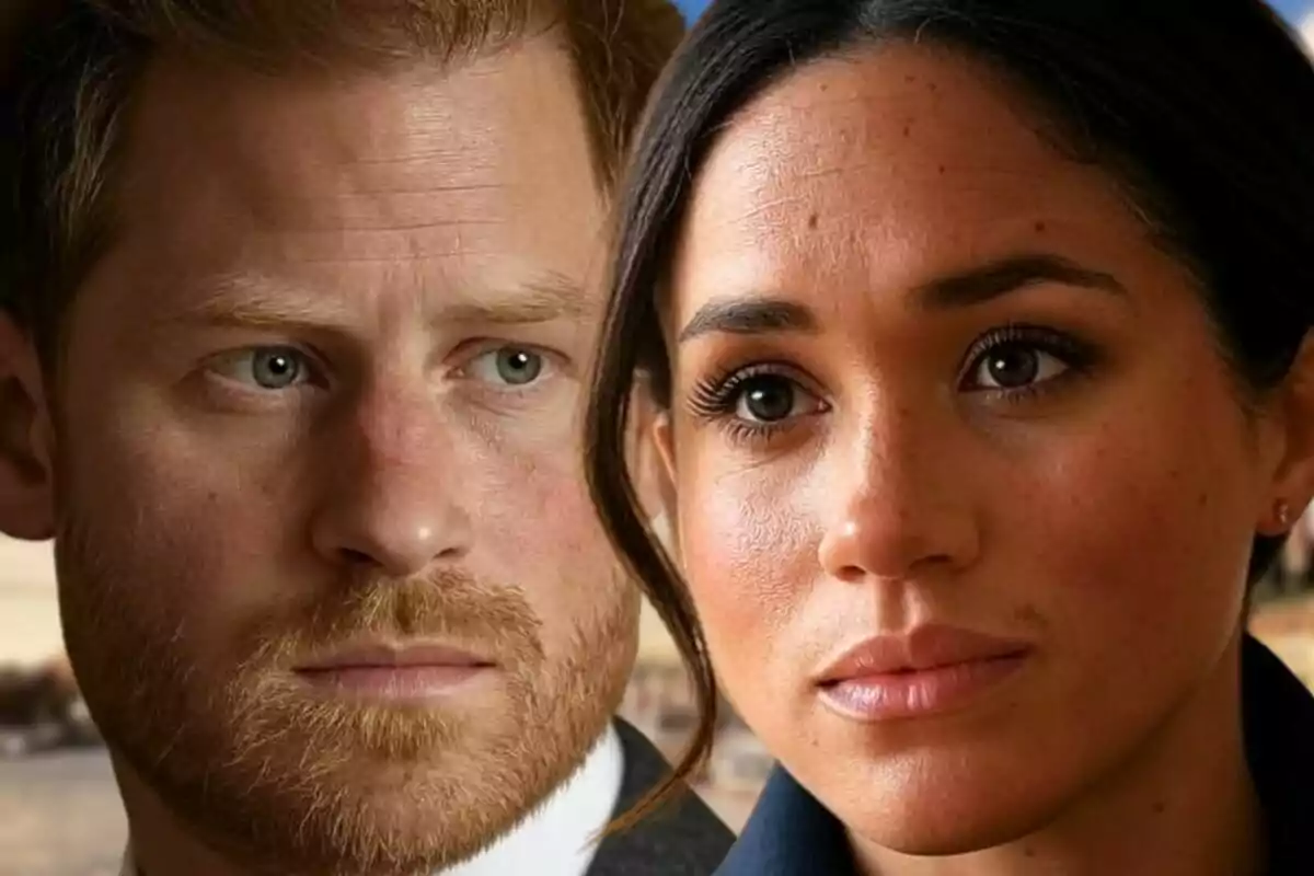 Muntatge de fotos en primer pla del príncep Harry i Meghan Markle, tots dos amb expressions serioses.