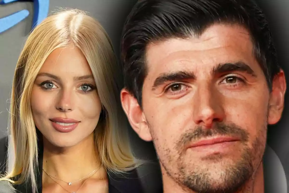 Muntatge de fotos en primer pla de Mishel Gerzig i Thibaut Courtois amb fons difuminat.