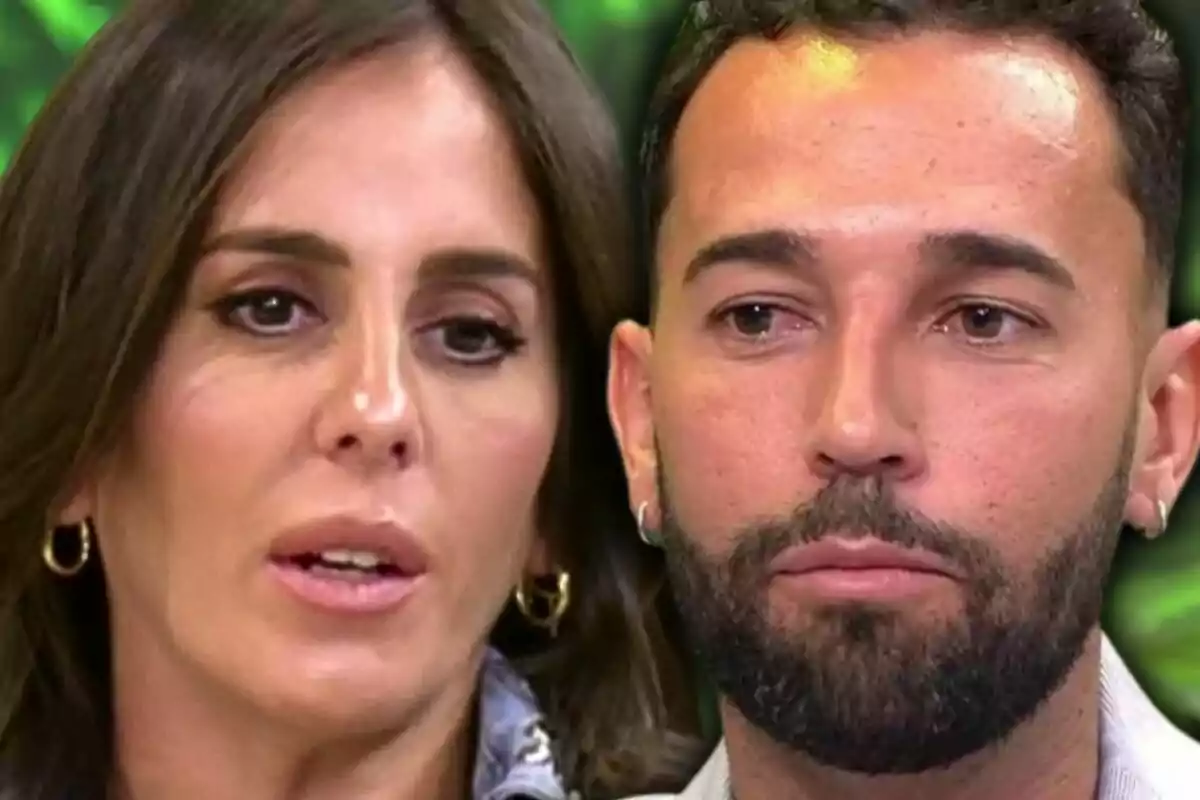 Muntatge de fotos en primer pla d’Anabel Pantoja i Omar Sánchez, tots dos amb el rostre seriós i trist.