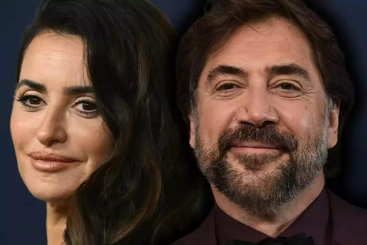 Close-up photo montage of Javier Bardem and Penélope Cruz, both with slightly smiling faces.