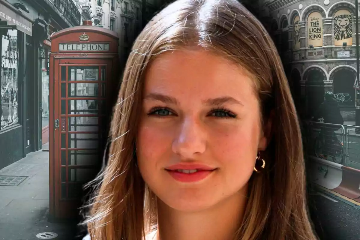 La princesa Leonor apareix en primer pla, mentre que de fons s'observa una cabina telefònica vermella i un edifici amb cartells d'un musical a Londres.