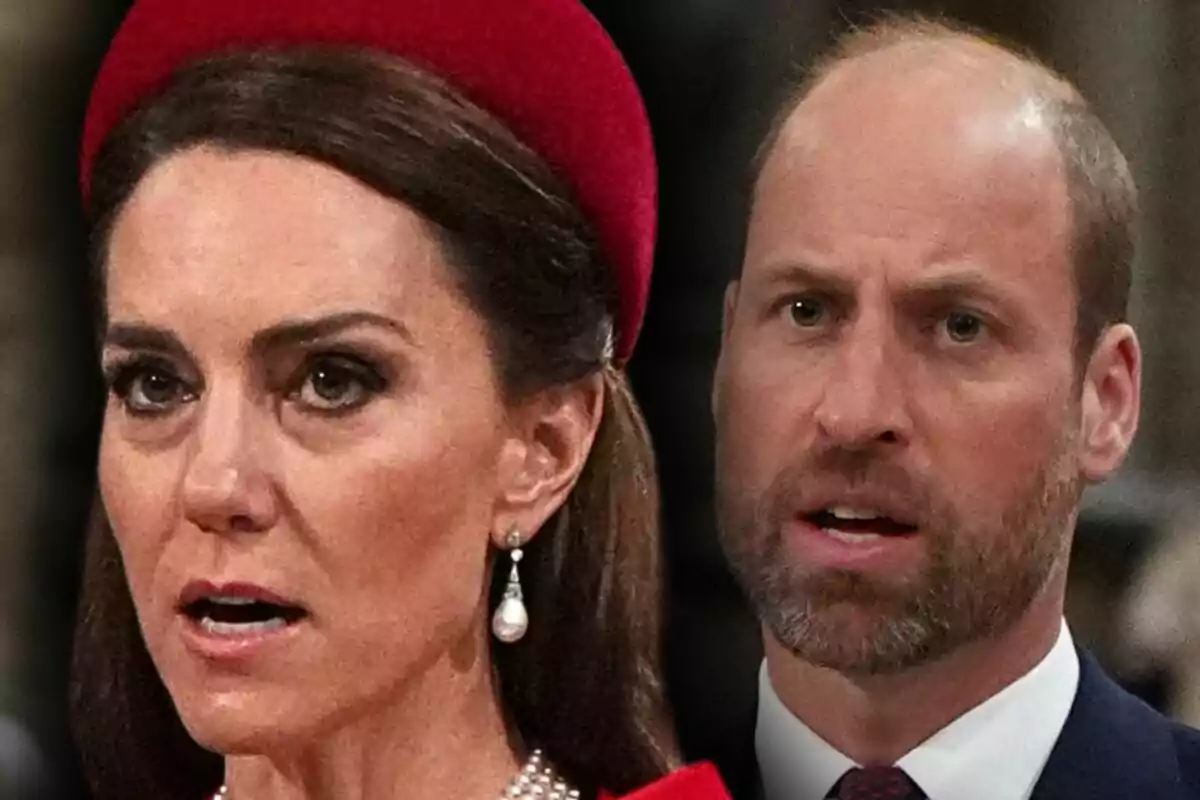 Muntatge de fotos de primer pla de Kate Middleton i el príncep Guillem de Gal·les, tots dos amb rostre seriós.