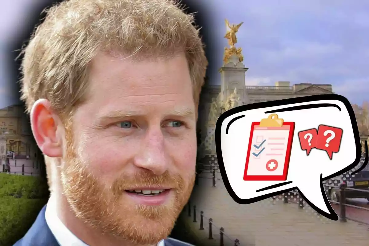 El príncep Harry apareix en primer pla amb un fons d'un edifici històric i una il·lustració d'un globus de diàleg amb un emoji de part mèdica i signes d'interrogació.