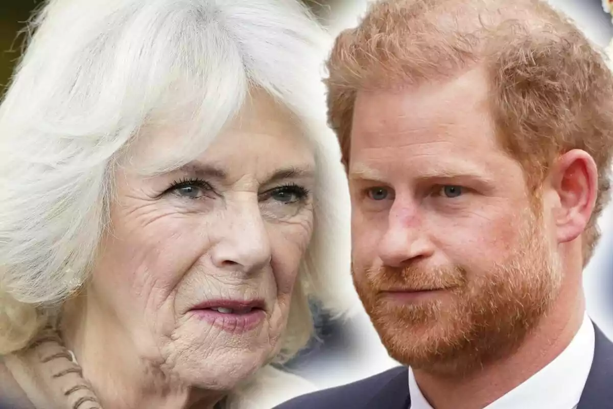 Muntatge de fotos en primer pla de la reina Camilla i el príncep Harry, tots dos amb expressions serioses.