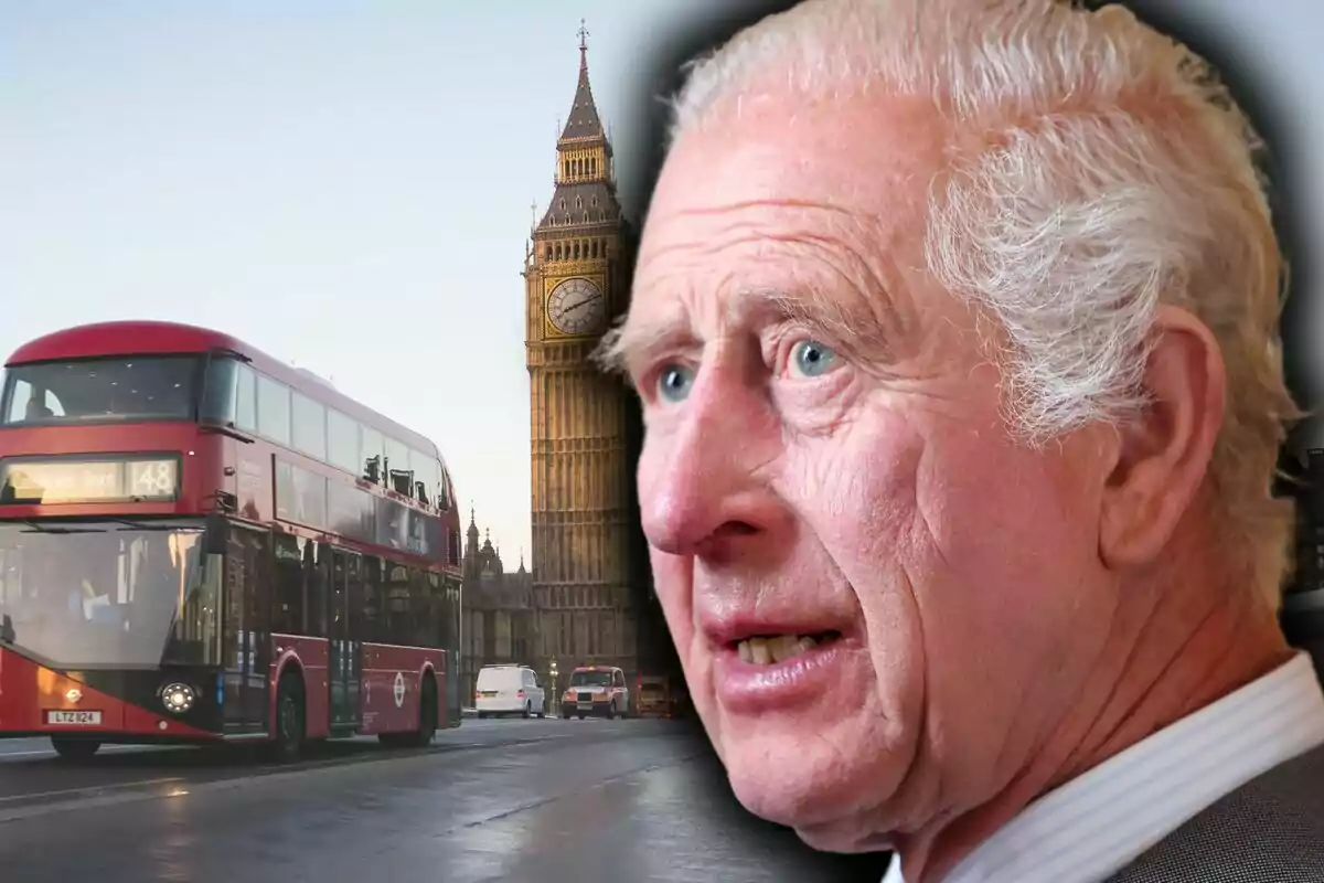 Muntatge de fotos amb Carles III en primer pla amb un autobús vermell i el Big Ben al fons en un carrer de Londres.