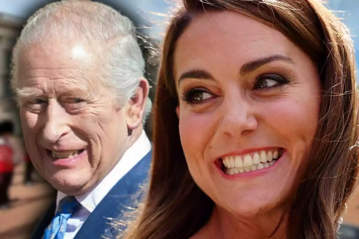 Muntatge de fotos en primer pla de Kate Middleton somrient i el rei Carles III amb rostre seriós.