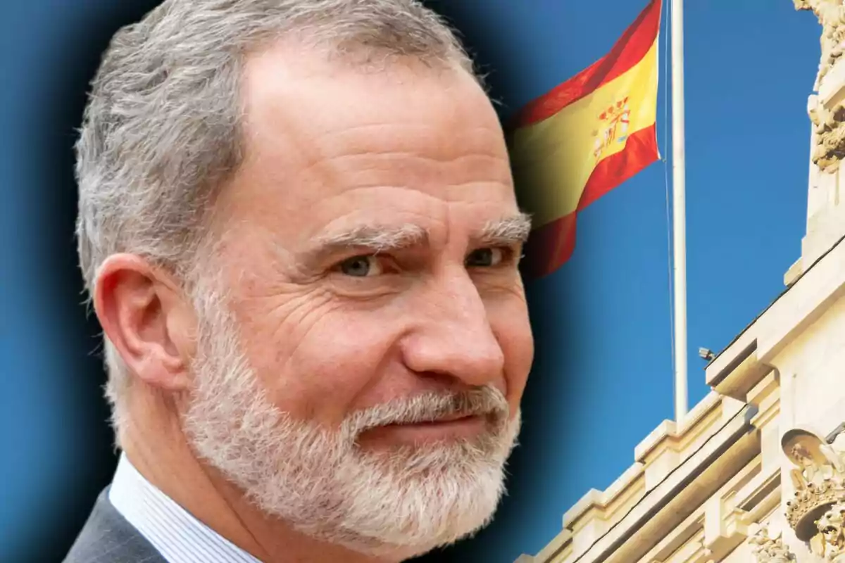 Muntatge de fotos en primer pla del rei Felip de Borbó amb rostre somrient i, de fons, una imatge de la bandera d’Espanya. Muntatge de fotos en primer pla del rei Felip de Borbó amb rostre somrient i, de fons, una imatge de la bandera d’Espanya.