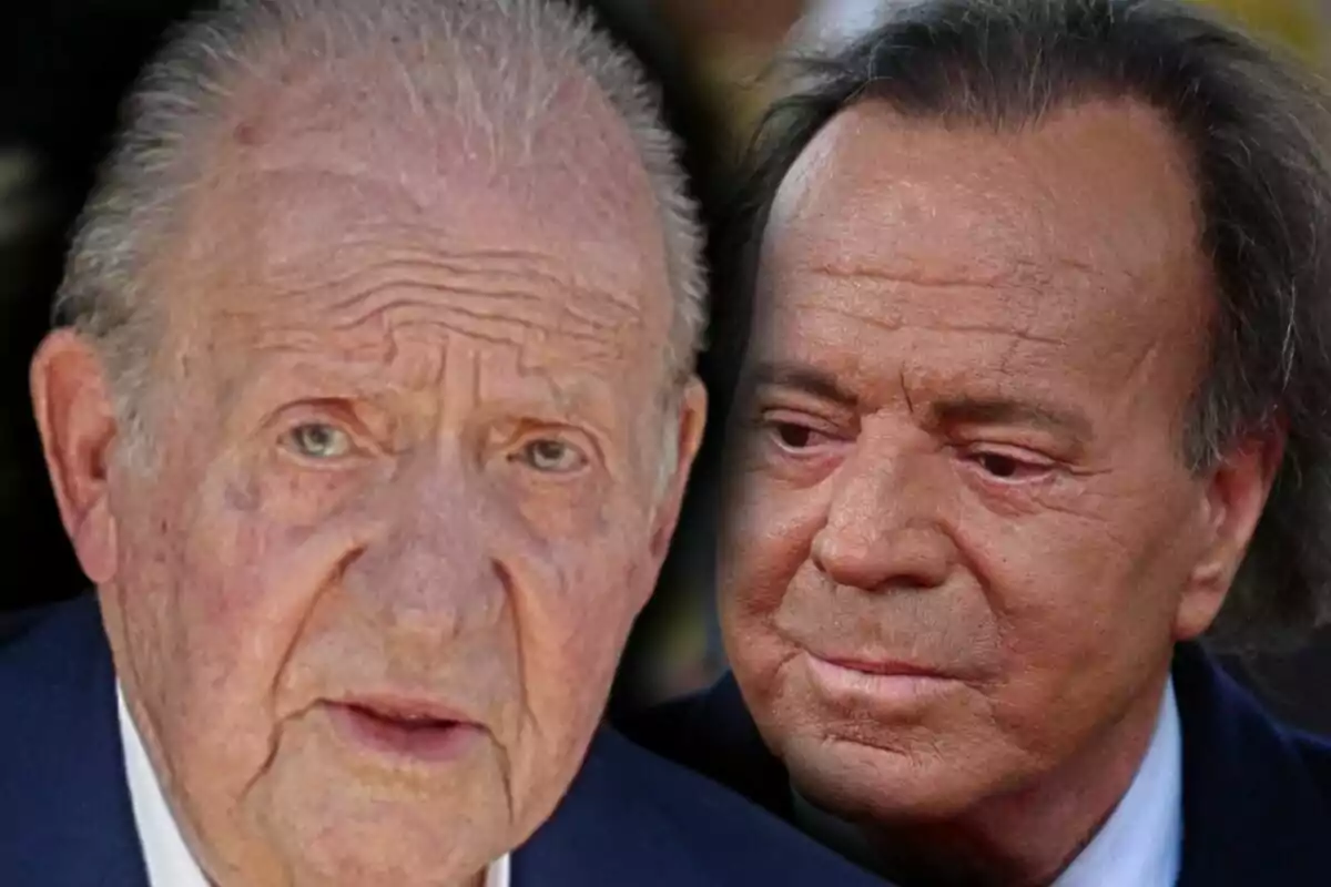 Muntatge de fotos en primer pla del rei Joan Carles I i Julio Iglesias, tots dos en primer pla, mirant a la càmera i amb rostre seriós.