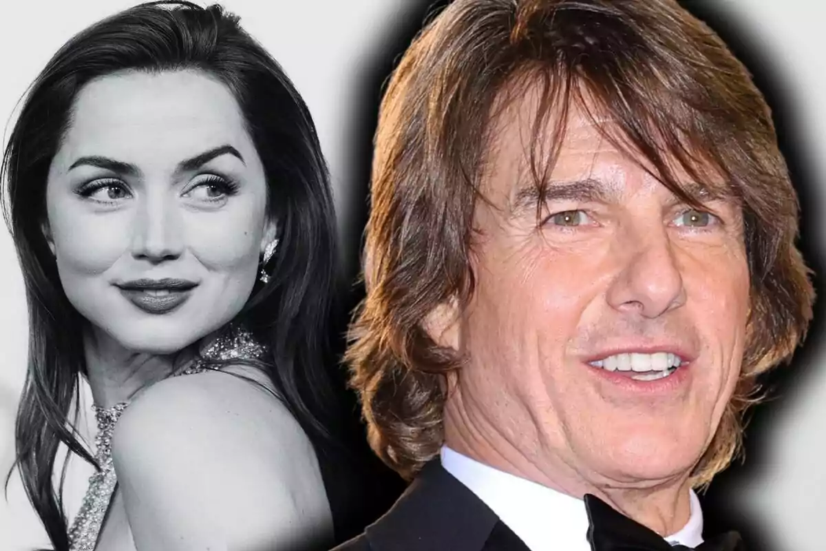 Close-up photo montage of Ana de Armas with a neutral expression and Tom Cruise with a smiling face.