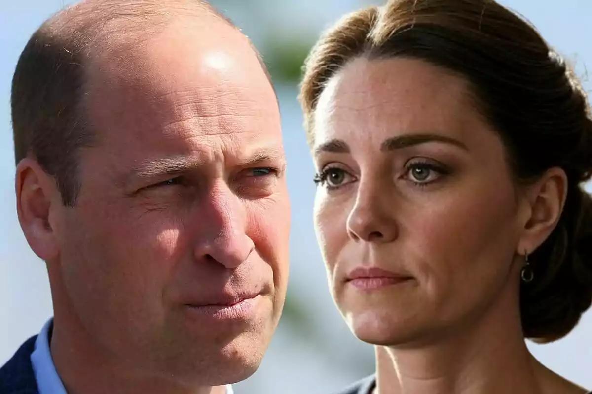 Close-up photo montage of Prince William and Kate Middleton, both with serious expressions.