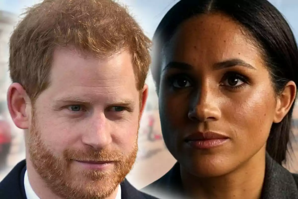 Close-up photo montage of Prince Harry and Meghan Markle, both with serious expressions.