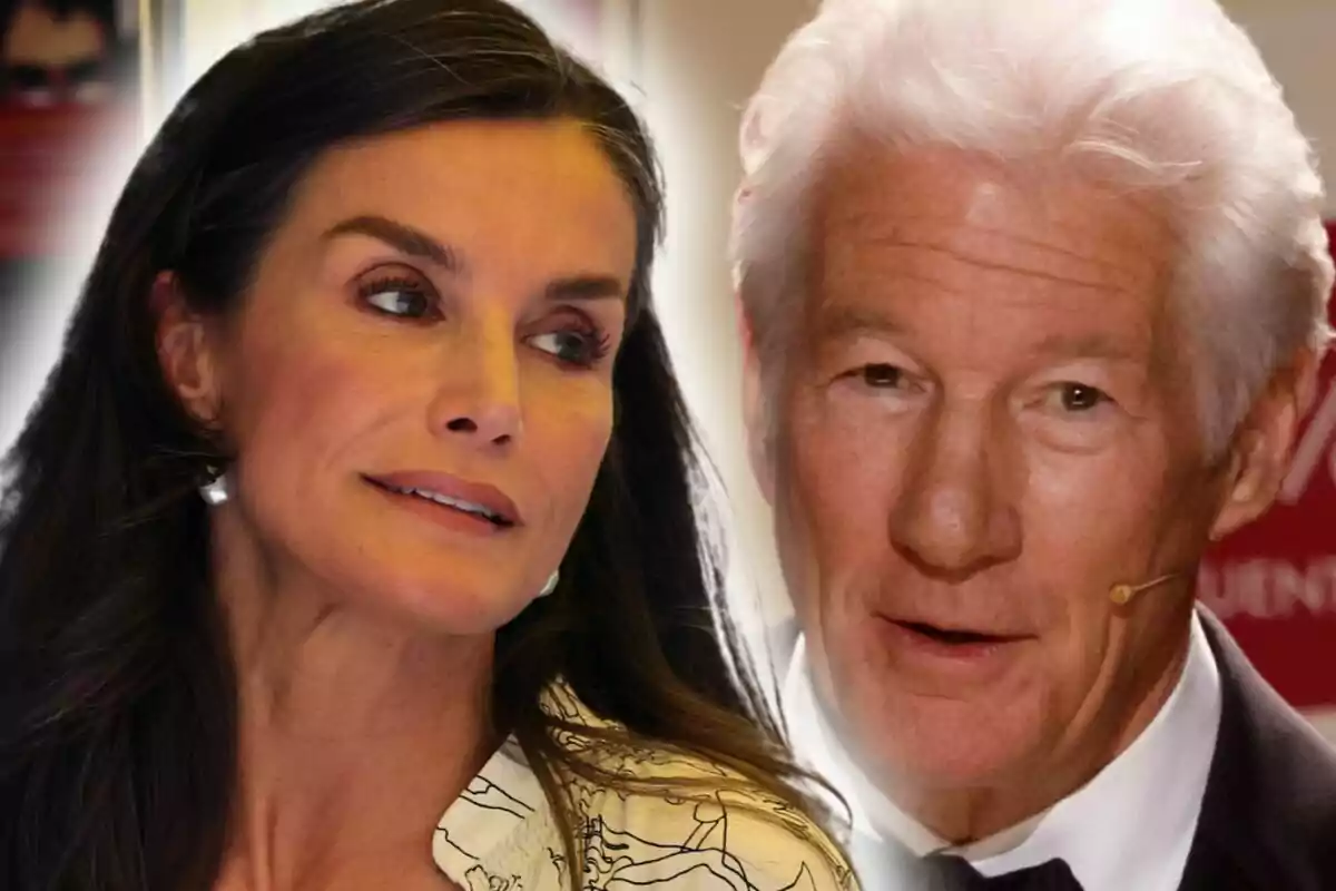 Close-up photo montage of Queen Letizia Ortiz and Richard Gere, both with neutral expressions.