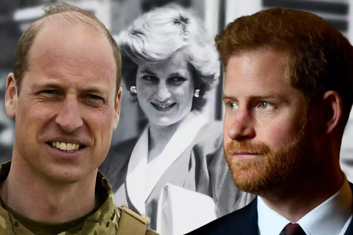 Muntatge de fotos en primer pla del príncep Harry, el príncep Guillem i la Lady Di de fons.