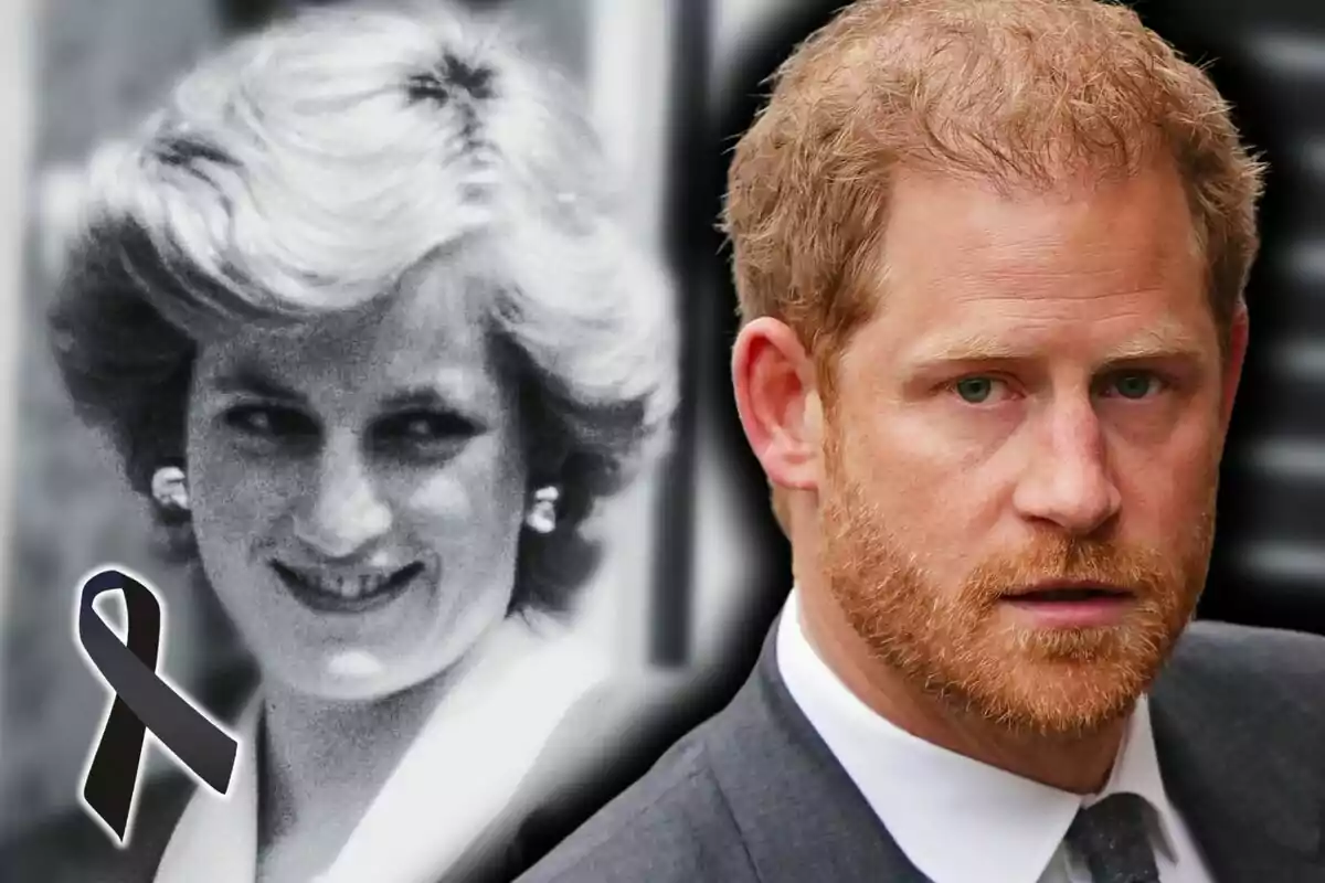 Photo montage of a black and white image of Lady Di with a black ribbon and another image of Prince Harry with a beard and suit.