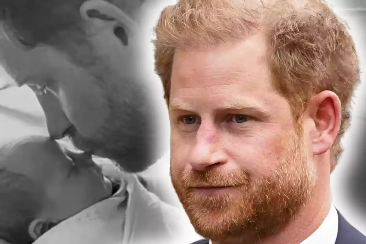 Close-up photo montage of Prince Harry with a serious expression, and in the background, an image of him kissing newborn Princess Lilibet during his Netflix documentary.