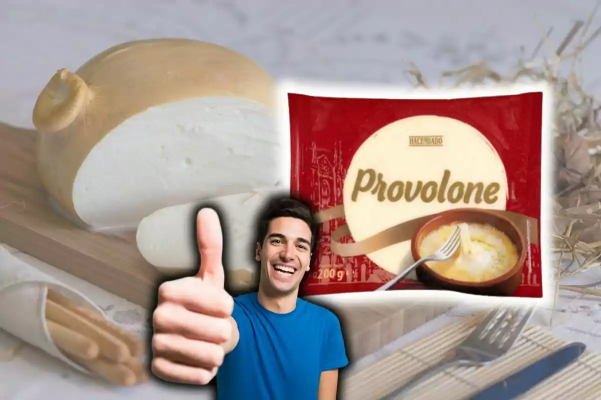 Una persona somrient amb el polze cap amunt davant d'un fons que mostra un formatge provolone i un paquet del mateix, que pertany a Mercadona. Una persona somrient amb el polze cap amunt davant d'un fons que mostra un formatge provolone i un paquet del mateix, que pertany a Mercadona.
