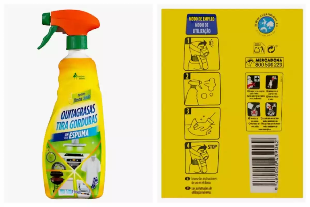 La imatge mostra un producte de neteja en esprai de Mercadona amb un disseny d'ampolla groga i un polvoritzador vermell i verd, etiquetat com a La imatge mostra un producte de neteja en esprai de Mercadona amb un disseny d'ampolla groga i un polvoritzador vermell i verd, etiquetat com a