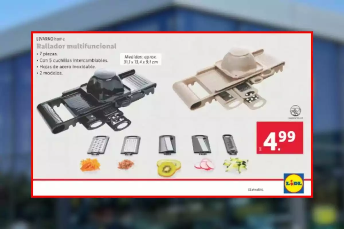 Ratllador multifuncional de 7 peces amb 5 fulles intercanviables i fulles d'acer inoxidable disponible a Lidl amb 2 models i un preu de 4,99 euros. Ratllador multifuncional de 7 peces amb 5 fulles intercanviables i fulles d'acer inoxidable disponible a Lidl amb 2 models i un preu de 4,99 euros.