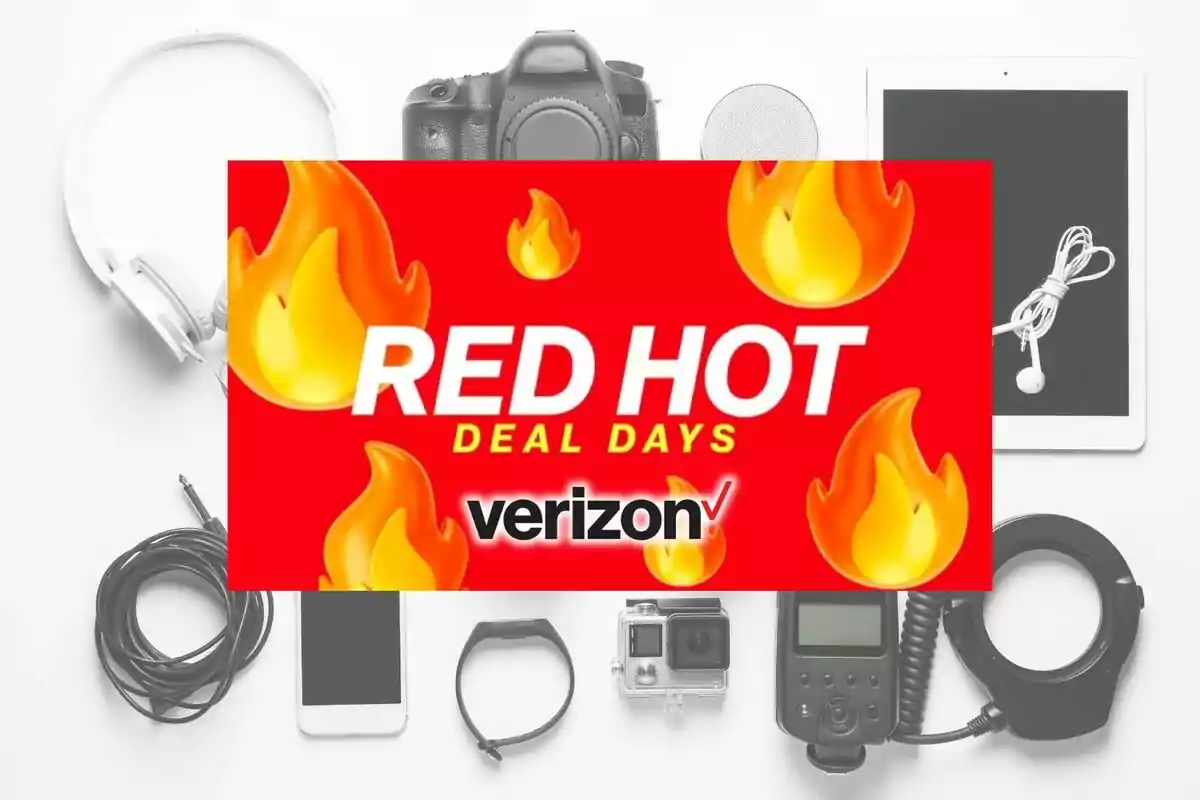Promoció d'ofertes de Verizon amb fons de dispositius electrònics i gràfics de flames. Promoció d'ofertes de Verizon amb fons de dispositius electrònics i gràfics de flames.