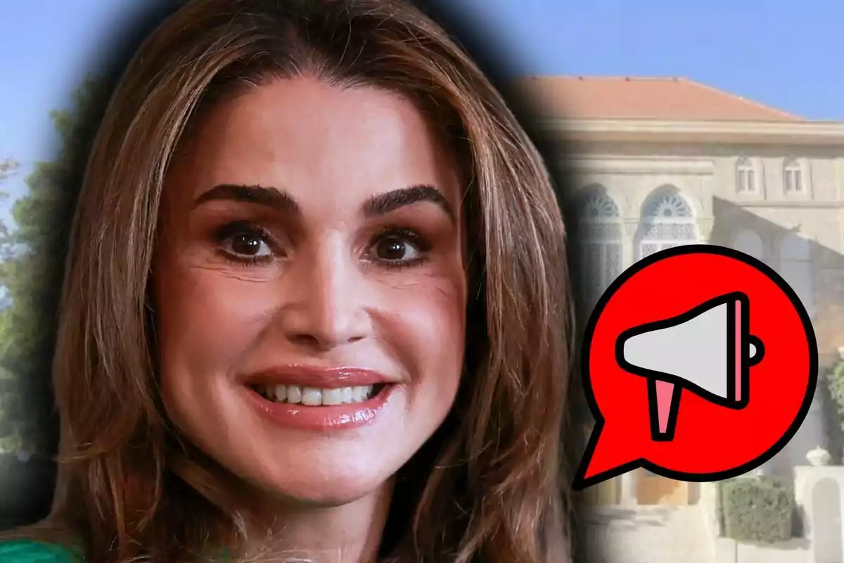 Close-up image of Queen Rania of Jordan with a megaphone icon over a background of an old building.