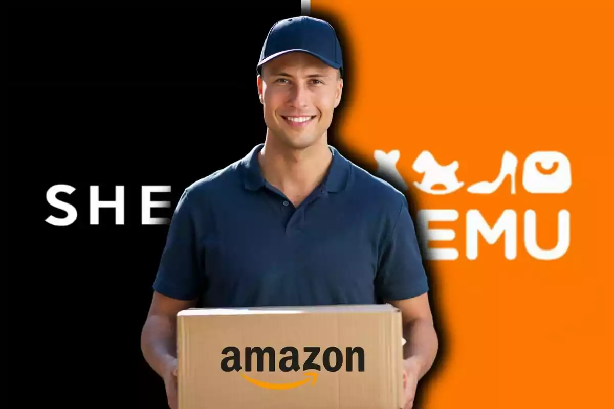 Un hombre con gorra sostiene una caja de Amazon frente a un fondo con los logotipos de Shein y Temu.