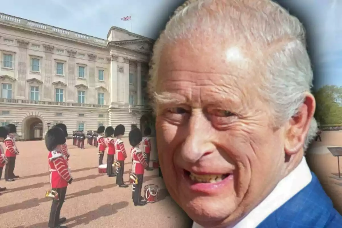 Muntatge de fotos del rei Carles III en primer pla i, de fons, un pla general del Buckingham Palace.