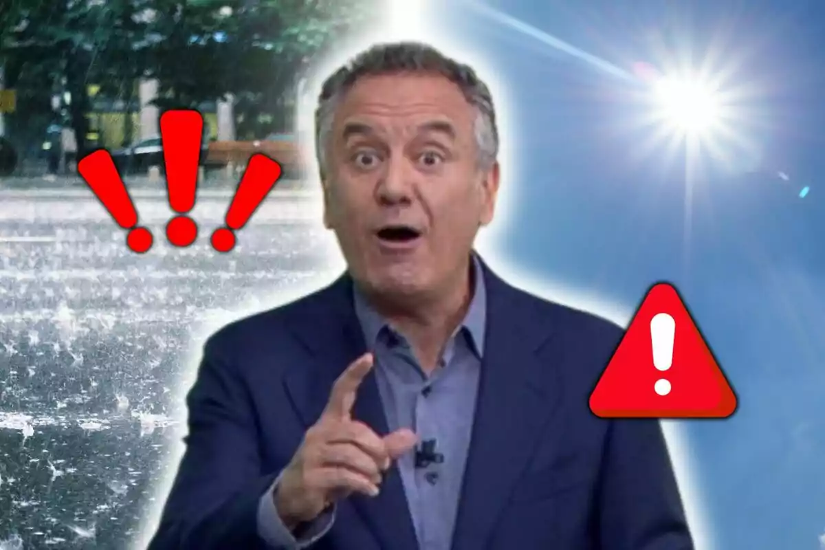 Muntatge de fotos de Roberto Brasero amb expressió de sorpresa al centre, fons dividit entre pluja intensa i sol brillant, amb símbols d’advertència i exclamació en vermell.