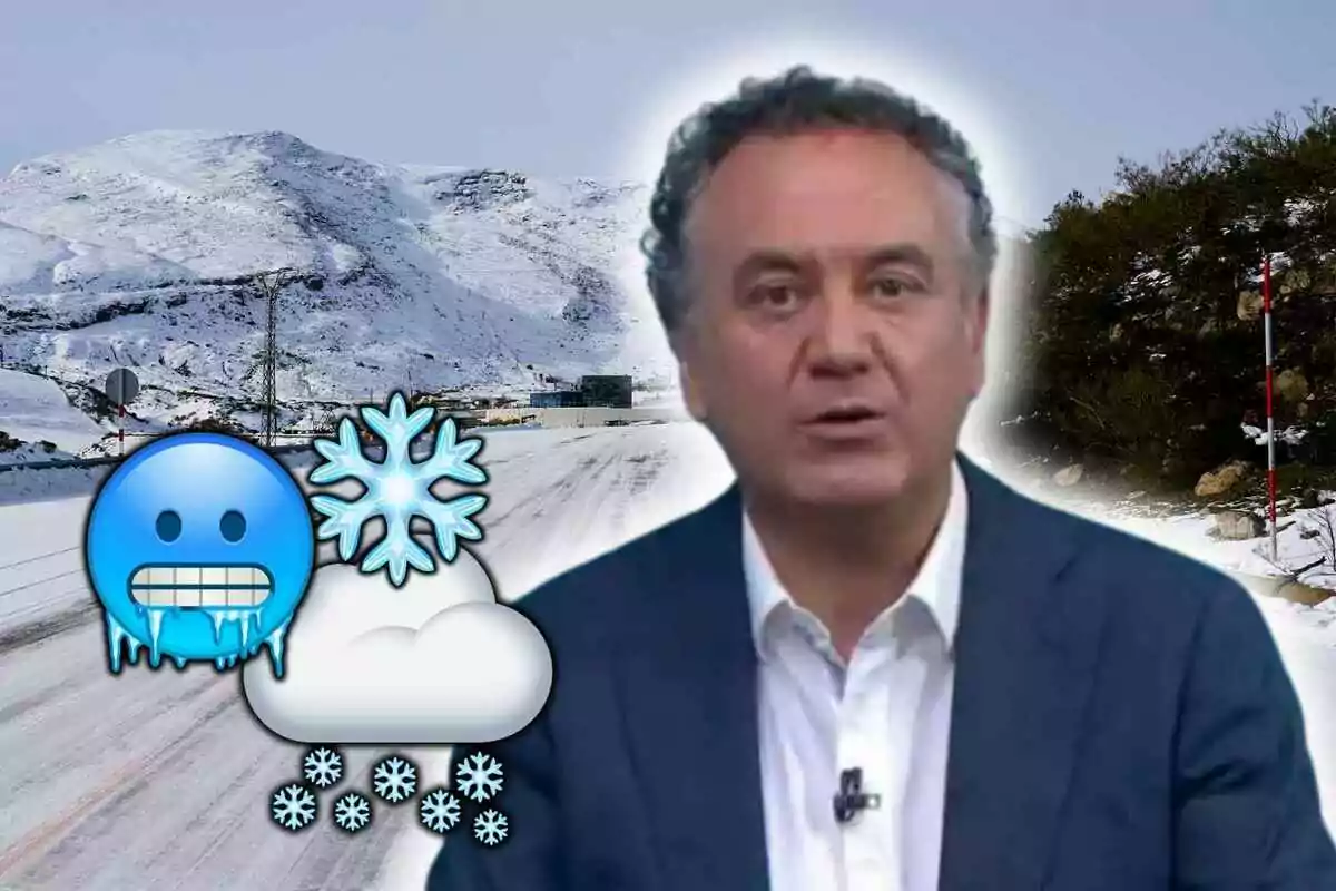 Roberto Brasero amb vestit fosc i camisa blanca apareix en primer pla, mentre que al fons s'observa un paisatge nevat amb muntanyes i una carretera coberta de neu, a més de diversos emojis relacionats amb el fred i la neu.