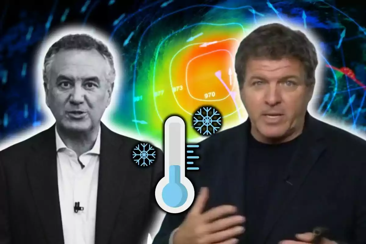 Mario Picazo i Roberto Brasero parlant sobre el clima amb un fons de mapa meteorològic i una icona de termòmetre amb flocs de neu.