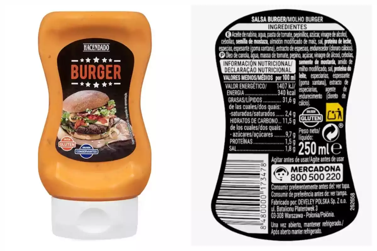 Ampolla de salsa Burger de la marca Hacendado de Mercadona, amb etiqueta que indica que és sense gluten i sense conservants, i mostra informació nutricional i llista d'ingredients a la part posterior.