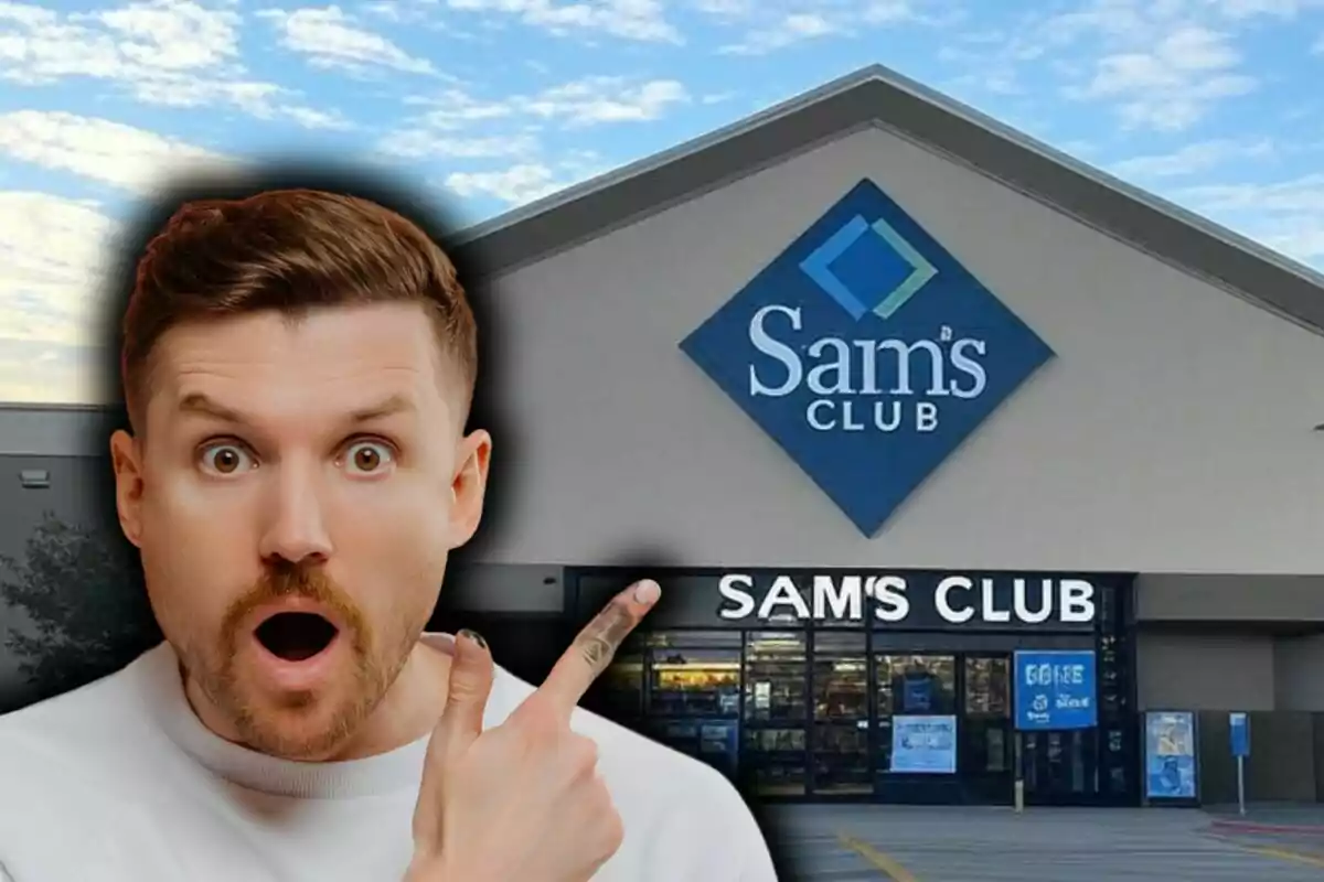 A surprised man points to the entrance of a Sam's Club store.