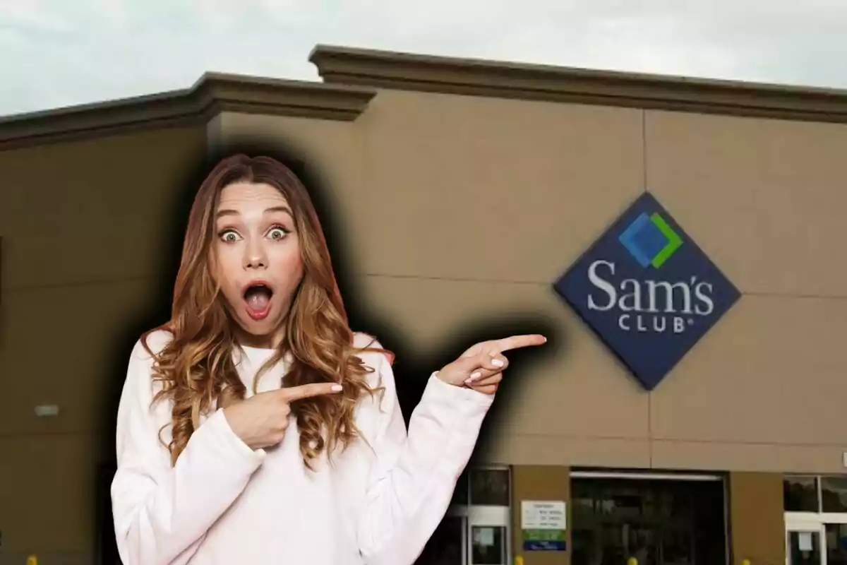 Photo montage of a surprised person pointing at a Sam's Club building.